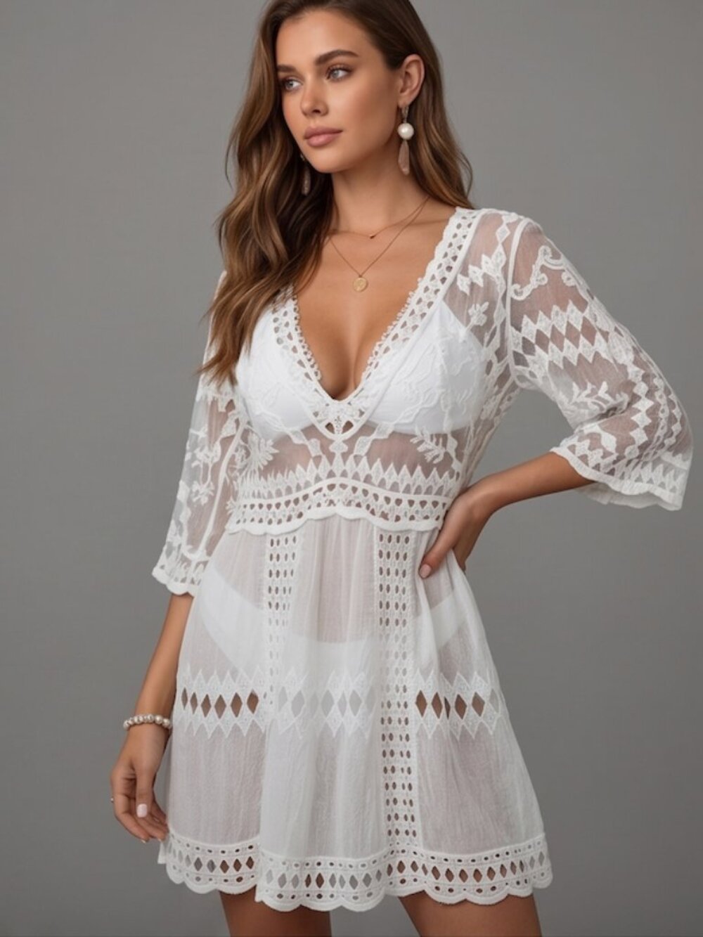Embroidered Mesh Deep V-Neck 3/4 Sleeve Coverup Dress White